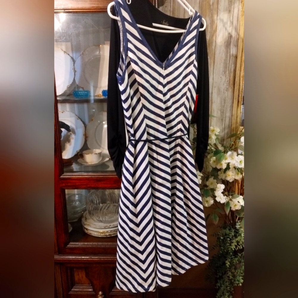 Jones New York Navy Blue and White Sleeveless V-Neck Midi Sundress (10) NWT